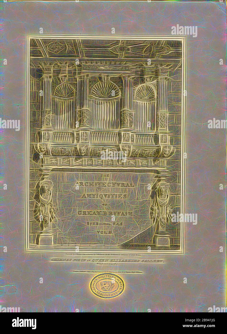 Schornsteinstücke in der Queen Elizabeths Gallery, Kamin in Windsor Castle (auch Windsor Castle), signiert von J. Burnett, nach einer Zeichnung von F. Mackenzie, Titelseite, Mackenzie, Frederick (Drawing), Burnett, John (sc.), 1812, John Britton: The Architectural Antiquities of Great Britain: Dargestellt und illustriert in einer Reihe von Ansichten, Höhen, Pläne, Abschnitte und Details der verschiedenen alten englischen Gebäude: Mit historischen und beschreibenden Konten von jedem. Bd. 2. London: J. Taylor, 1807-1826, neu gestaltet von Gibon, Design von warmen fröhlichen Leuchten von Helligkeit und Lichtstrahlen Ausstrahlung. Cla Stockfoto