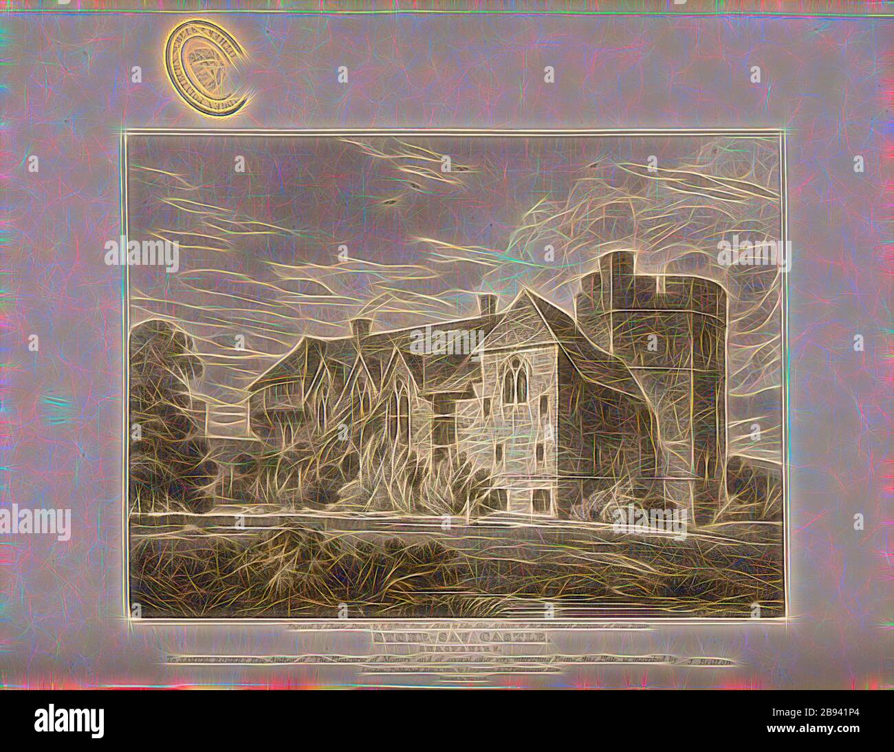 Stokesay Castle, Shropshire, Stokesay Castle Villa in Stokesy, Shropshire, signiert: Graved by S. Rawle, Drawn by E. Gyfford, from a Sketch by EDM., Aikin, Published by Longman & Co, Fig. 45, S. 141, Aikin, Edmund (Skizze), Gyfford, E. (Zeichnung), Rawle, Samuel (Gravur), Longman & Co. (Veröffentlicht), 1813, John Britton: The Architectural Antiquities of Great Britain: Representated and Illustrated in a series of views, Elevations, Plans, sections and Details of various ancient English Efications: With historical and descriptive Accounts of each. Bd. 4. London: J. Taylor, 1807-1826, neu gestaltet von G Stockfoto