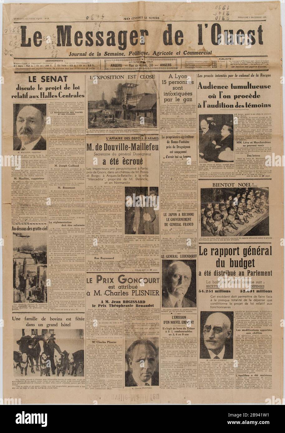Zeitung "der Gesandte des Westens" vom 5. Dezember 1937 Journal "Le Messager de l'Ouest" du 5 décembre 1937. Papierimprimé, 1937. Musée du Général Leclerc de Hauteclocque et de la Libération de Paris, musée Jean Moulin. Stockfoto