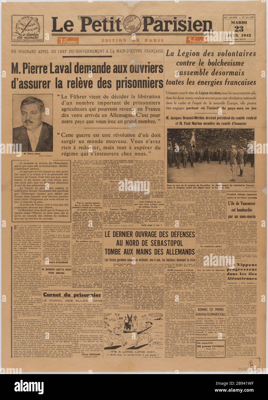 Zeitung "Le Petit Parisien" vom 23. Juni 1942 Journal "Le Petit Parisien" du 23 Juin 1942. Papierimprimé, 1942. Musée du Général Leclerc de Hauteclocque et de la Libération de Paris, musée Jean Moulin. Stockfoto