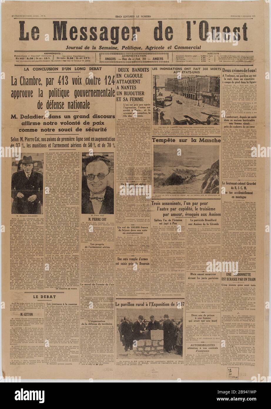 Zeitung "der Gesandte des Westens" vom 7. Februar 1937 Journal "Le Messager de l'Ouest" du 7 février 1937. Papierimprimé, 1937. Musée du Général Leclerc de Hauteclocque et de la Libération de Paris, musée Jean Moulin. Stockfoto