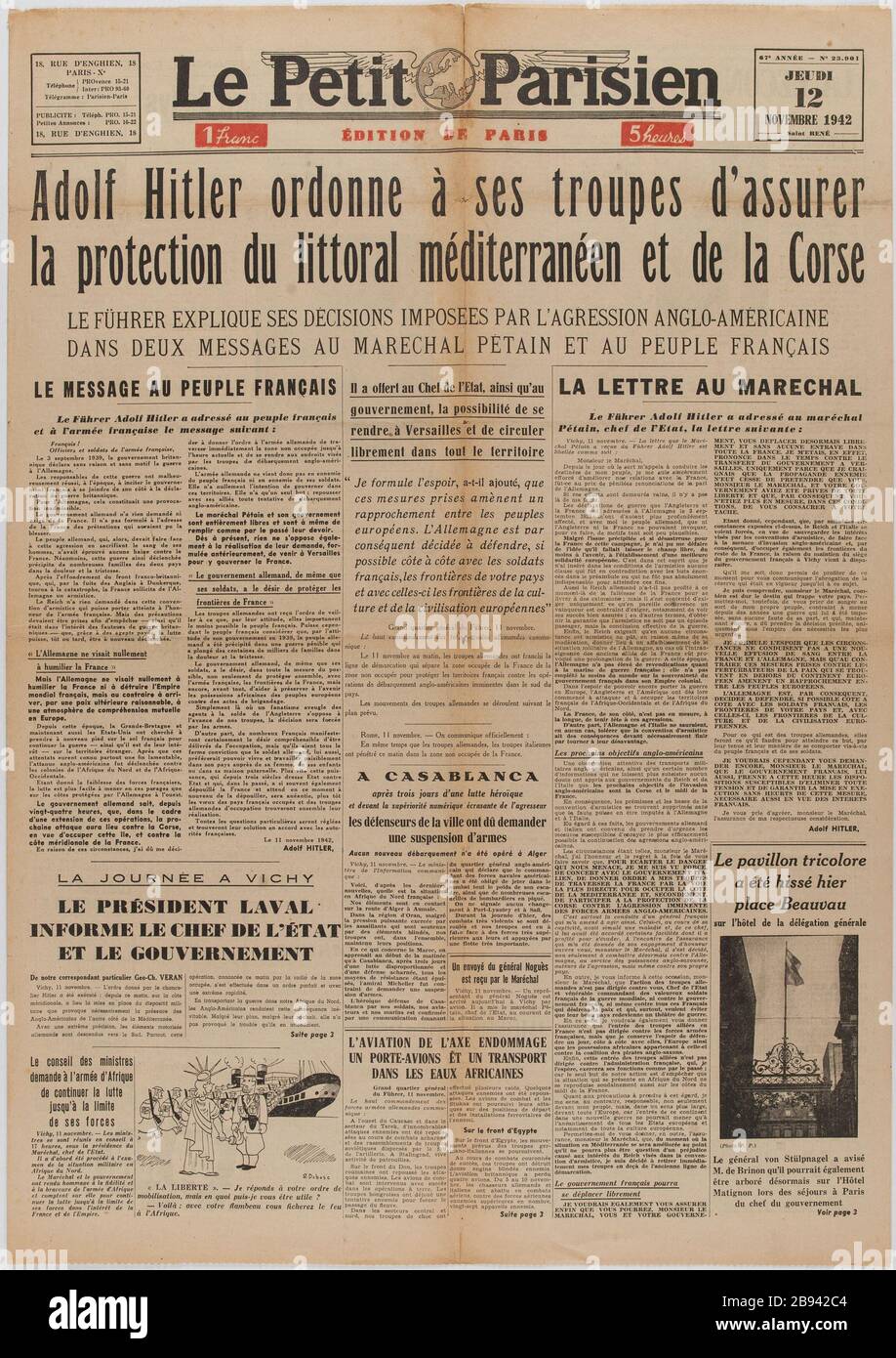 Zeitung "Le Petit Parisien" vom 12. November 1942 Journal "Le Petit Parisien" du 12 novembre 1942. Papierimprimé, 1942. Musée du Général Leclerc de Hauteclocque et de la Libération de Paris, musée Jean Moulin. Stockfoto