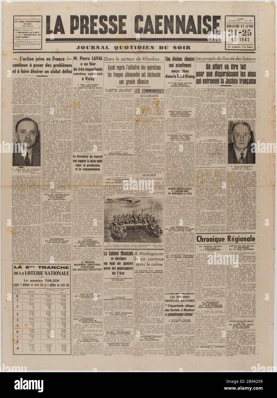 Zeitung "La Presse Caennaise" 24-25. Mai 1942 Journal "La Presse Caennaise" du 24-25 Mai 1942. Papierimprimé, 1942. Musée du Général Leclerc de Hauteclocque et de la Libération de Paris, musée Jean Moulin. Stockfoto