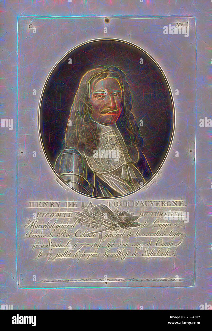 Heinrich vom Turm der Auvergne, viscount von Turenne, Henri de La Tour d'Auvergne, vicomte de Turenne, Marschall von Frankreich, signiert: Sergent (del.), Ridé (sculp.), Chez Blin, C-Nr. 3, Sergent, Antoine Louis François (del.), Ridé (sculp.), Blin (chez), Antoine François Sergent-Marceau: Portraits des grands hommes, femmes illustres et sujets mémorables de France: Gravés et imprimés en couleurs. Dédié au ROI. Bd. 2. Paris: chez Blin, Imprimeur en Taille-Douce, [1786-1792], Neugestaltung von Gibon, Design von warmen fröhlich glühen von Helligkeit und Lichtstrahlen Ausstrahlung. Klassische Kunst neu erfunden mit einem modernen Stockfoto