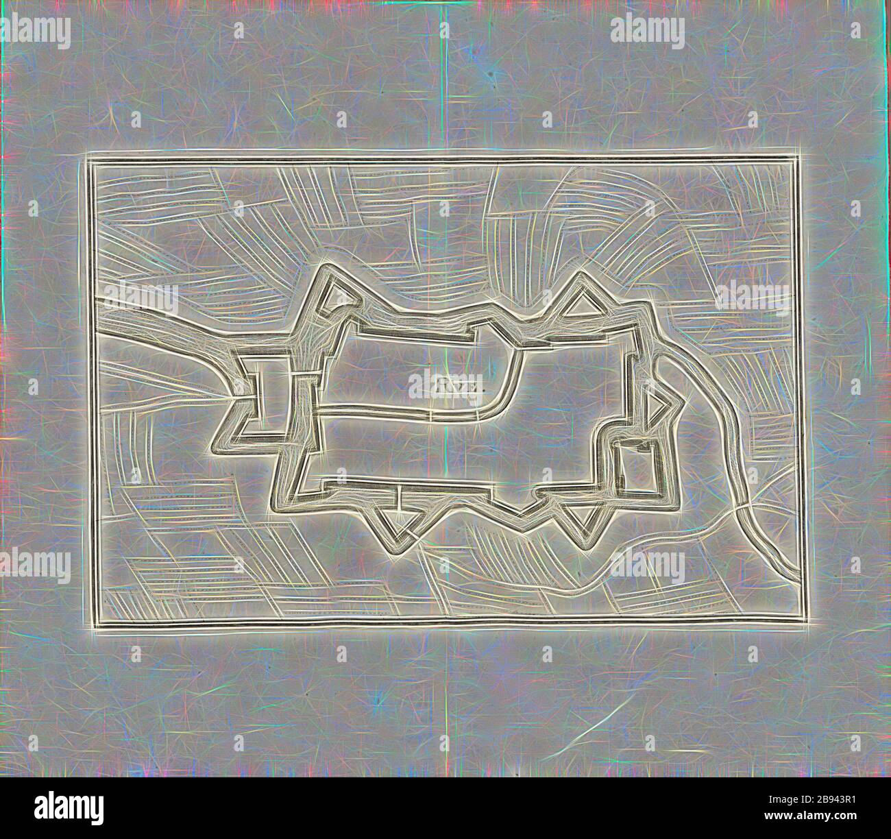 Rue, Plan der Festung von Rue (Somme), Feige. 28, Zweisster Theil, nach S. 32, Martin Zeiller: Topographia Galliae, oder, Beschreibung und Contrafaitation der vornehmensten und bekanntesten Oerter in dem mächtigen und großen Königreich Franckreich: Ebeach auss eygner Erfahrung und den besten und beratendsten Scribenten so in unterschiedlichen Sprachen dadurch begonnen seyn auch auss erlangten Bericht- und Relationen von etlichen Jahren Hero zusammengetragen in richtige Ordnung gebracht und auff gebeten zum Druck fertiget. Bd. 2. Frankfurt am Mayn: Im Verlag Caspar Merians, M DC LVI [1656], Stockfoto