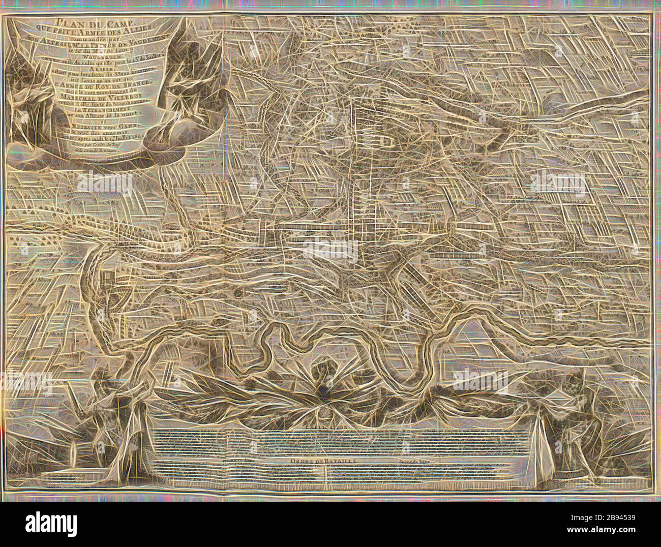Plan des Lagers, das die Armee der Alliierten nahm, die von seiner Hoheit, dem Fürsten von Vaudemont, am 30. Juni in Woutergem kommandiert wurden ..., Karte der Positionen der Armee in Woutergen während des pfälzischen Erbfolgekrieges (1688-1697), Kupferstich, signiert: Ottomar Elliger Inv. Et PIN, G. v., Gouven sculp, Nicolas Visscher, Feige. 1, Elliger, Ottomar (Inv. Et pinx.), Gouven, G. v. (sc.), Visscher, Nicolas (Hrsg.), 1696, Relation de la campagne de Flandre et du siège de Namur, en l'année 1695: Avec les cartes et les Plans nécéssaires pour la parfaite Intelligence de cette Relation. La Haye: chez He Stockfoto