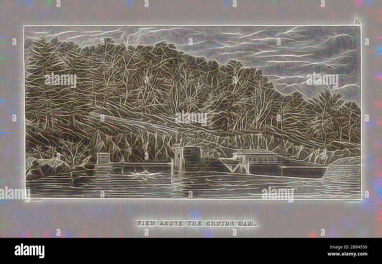 Blick über den Croton Dam, Croton Aqueduct Dam im Clendening Valley bei New York, signiert: F. B. Tower, W. Bennett, Abb. 7, Pl. IX, nach S. 94, Tower, Fayette B., Bennett, William James (sc.), Fayette Bartholomew Tower: Illustrationen des Croton Aquädukts. New York: Wiley & Putnam, 1843, neu gestaltet von Gibon, Design von warmen fröhlichen Leuchten von Helligkeit und Lichtstrahlen Ausstrahlung. Klassische Kunst neu erfunden mit einem modernen Twist. Fotografie inspiriert von Futurismus, umarmt dynamische Energie der modernen Technologie, Bewegung, Geschwindigkeit und Kultur revolutionieren. Stockfoto