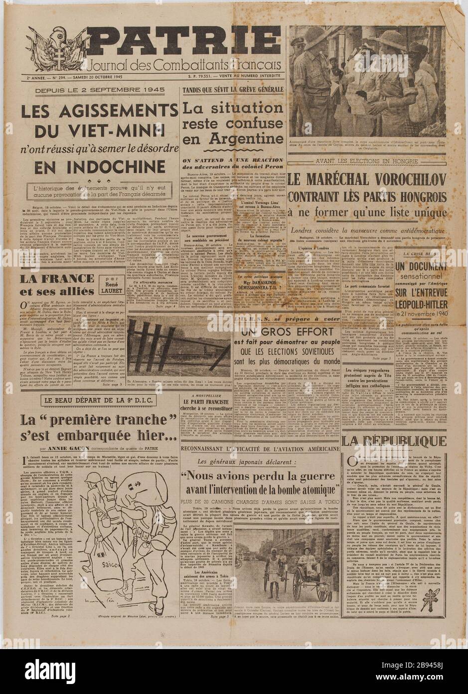 Journal 'Vaterland. Journal of Combatants French" vom 20. Oktober 1945 Journal "Patrie. Journal des Combattants Français' du 20 octobre 1945. Papierimprimé, 1945. Musée du Général Leclerc de Hauteclocque et de la Libération de Paris, musée Jean Moulin. Stockfoto