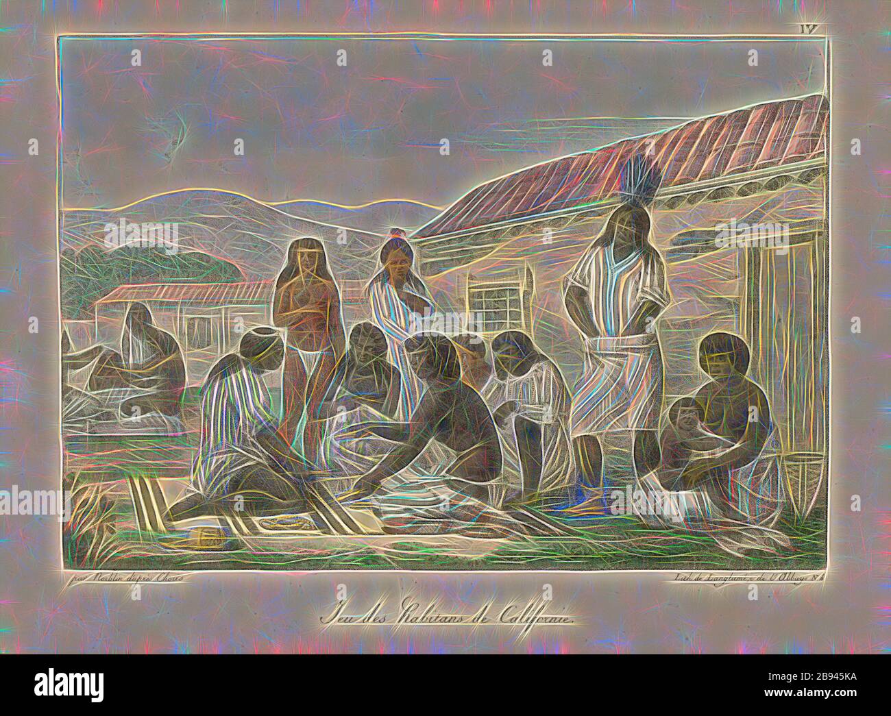 California Residents Game, Californian bei einem Spiel, signiert: Von Norblin d'après Choris, lith., de Langlumé, Feige. 4, nach S. (3), S. 117, Choris, Louis, Norblin, Jean-Pierre (lith.), Langlumé, Joseph (lith.), 1822, Louis Choris: Voyage pittoresque autour du monde, avec des Portraits de sauvages d'Amérique, d'Asie, d'Afrique, et des îles du Grand Ocean [...]. Paris: Didot, 1822., neu gestaltet von Gibon, Design von warmen fröhlichen Leuchten von Helligkeit und Lichtstrahlen Ausstrahlung. Klassische Kunst neu erfunden mit einem modernen Twist. Fotografie inspiriert von Futurismus, umarmt dynamische Energie der modernen Technologie, bewegen Stockfoto
