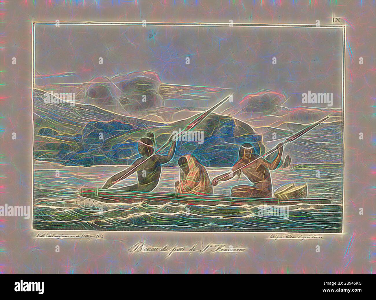 S. Francisco Hafenboot, Boot in San Francisco, signiert: Lith. De Langlumé, lith., par Norblin d'après Corris, Feige. 9, nach S. (3), S. 127, Choris, Louis, Norblin, Jean-Pierre (lith.), Langlumé, Joseph (lith.), 1822, Louis Choris: Voyage pittoresque autour du monde, avec des Portraits de sauvages d'Amérique, d'Asie, d'Afrique, et des îles du Grand Ocean [...]. Paris: Didot, 1822., neu gestaltet von Gibon, Design von warmen fröhlichen Leuchten von Helligkeit und Lichtstrahlen Ausstrahlung. Klassische Kunst neu erfunden mit einem modernen Twist. Fotografie inspiriert von Futurismus, umarmt dynamische Energie der modernen Technologie Stockfoto