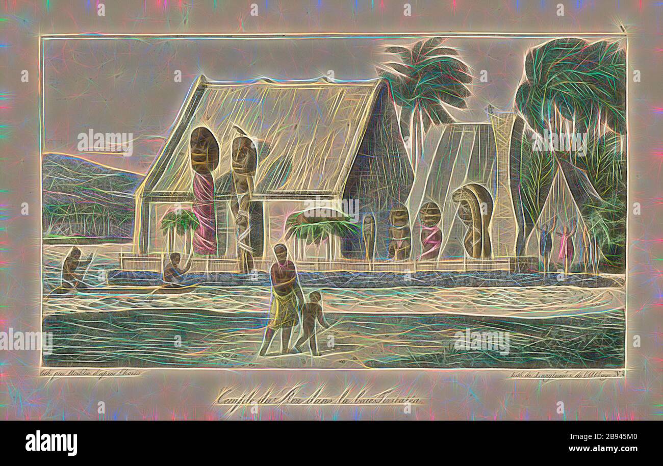 Tempel des Königs in Tiritatea Bucht, Tempel in der Bucht Titigatea, Sandwich-Inseln, signiert: lith., par Norblin d'après Choris, lith., de Langlumé, Feige. 5, nach S. 24, S. 171, Choris, Louis, Norblin, Jean-Pierre (lith.), Langlumé, Joseph (lith.), 1822, Louis Choris: Voyage pittoresque autour du monde, avec des Portraits de sauvages d'Amérique, d'Asie, d'Afrique, et des îles du Grand Ocean [...]. Paris: Didot, 1822., neu gestaltet von Gibon, Design von warmen fröhlichen Leuchten von Helligkeit und Lichtstrahlen Ausstrahlung. Klassische Kunst neu erfunden mit einem modernen Twist. Fotografie inspiriert von Futurismus, Umarmung Stockfoto