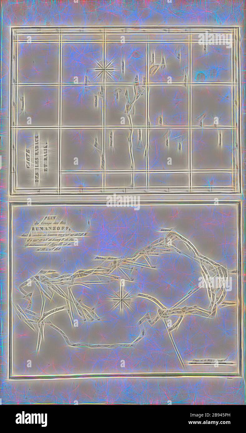 Karte der Inseln Radack, Ralik et Romanzoff, oben: Carte des îles Radack et Ralik, unten: Plan du groupe des îles Rumanzoff, nach S. 6, S. 375, 1822, Louis Choris: Voyage pittoresque autour du monde, avec des Portraits de sauvages d'Amérique, d'Asie, d'Afrique, et îles et Grand... Paris: Didot, 1822., von Gibon neu vorgestellt, Design von warmem fröhlichem Leuchten von Helligkeit und Lichtstrahlen. Klassische Kunst mit moderner Note neu erfunden. Fotografie, inspiriert vom Futurismus, die dynamische Energie moderner Technologie, Bewegung, Geschwindigkeit und Kultur revolutionieren. Stockfoto