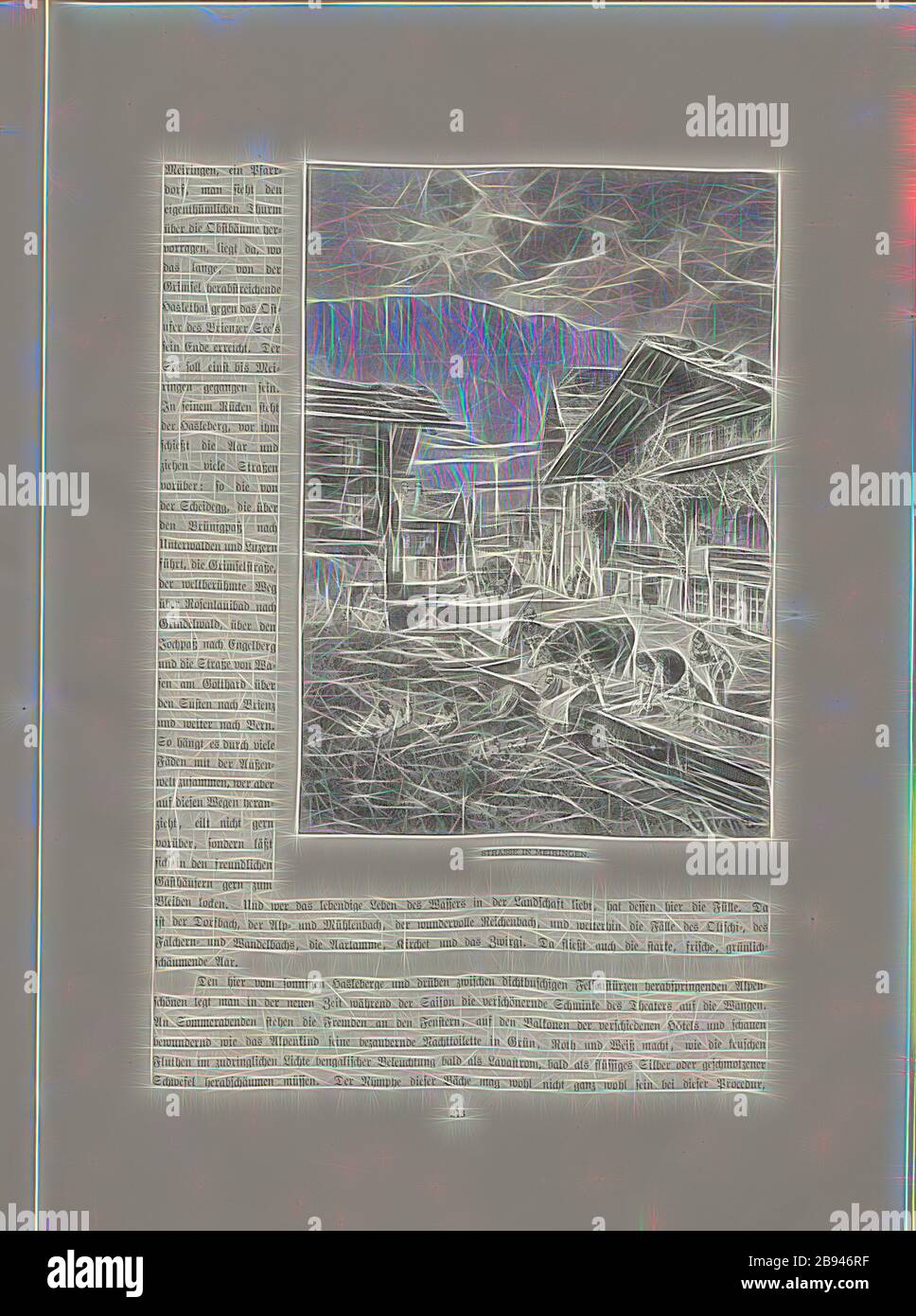 Straße in Meiringen, Illustration einer Straße in Meiringen aus dem 19. Jahrhundert, signiert: G. Franz, S. 243, Franz, G., Woldemar Kaden: Das Schweizerland: Eine Sommerfahrt durch Gebirg und Thal. Stuttgart: Engelhorn, 1875, von Gibon neu erdacht, Design von warmfröhlichem Leuchten von Helligkeit und Lichtstrahlen. Klassische Kunst mit moderner Note neu erfunden. Fotografie, inspiriert vom Futurismus, die dynamische Energie moderner Technologie, Bewegung, Geschwindigkeit und Kultur revolutionieren. Stockfoto