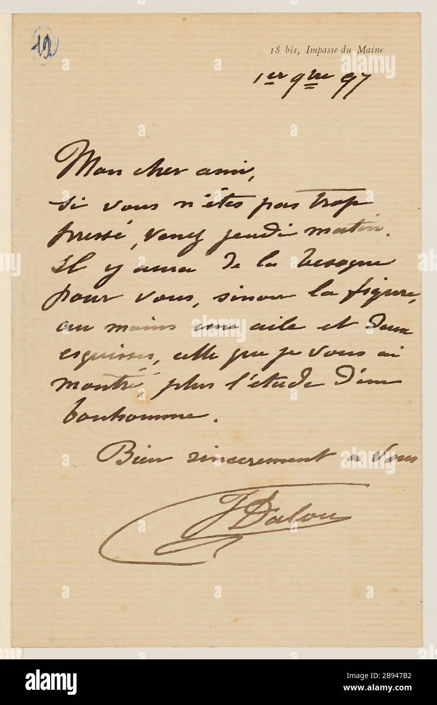 Autographiebrief des Bildhauers Aimé-Jules Dalou, dessen älterer Amedee Bertault, 1. November 1897 (Dummy-Titel) Dalou, Aimé-Jules (1838-12-31 - 1902-04-15), Lettre autographe signée du sculpteur Aimé-Jules Dalou à son mouleur Amédée Bertault, 1er novébe (1897-11-1897). Encre sur Papier. Petit Palais, Musée des Beaux-Arts de la Ville de Paris. Stockfoto