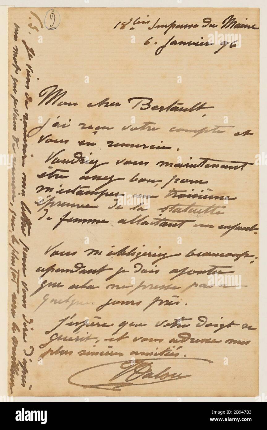 Autographiebrief des Bildhauers Aimé-Jules Dalou, sein älterer Amedee Bertault, 6. Januar 1896 (Dummy-Titel) Dalou, Aimé-Jules (1838-12-31 - 1902-04-15), Lettre autographe signée du sculpteur Aimé-Jules Dalou à son mouleur Amédée Bertault, 6. Janfeur (1896-01-06). Encre sur Papier. Petit Palais, Musée des Beaux-Arts de la Ville de Paris. Stockfoto