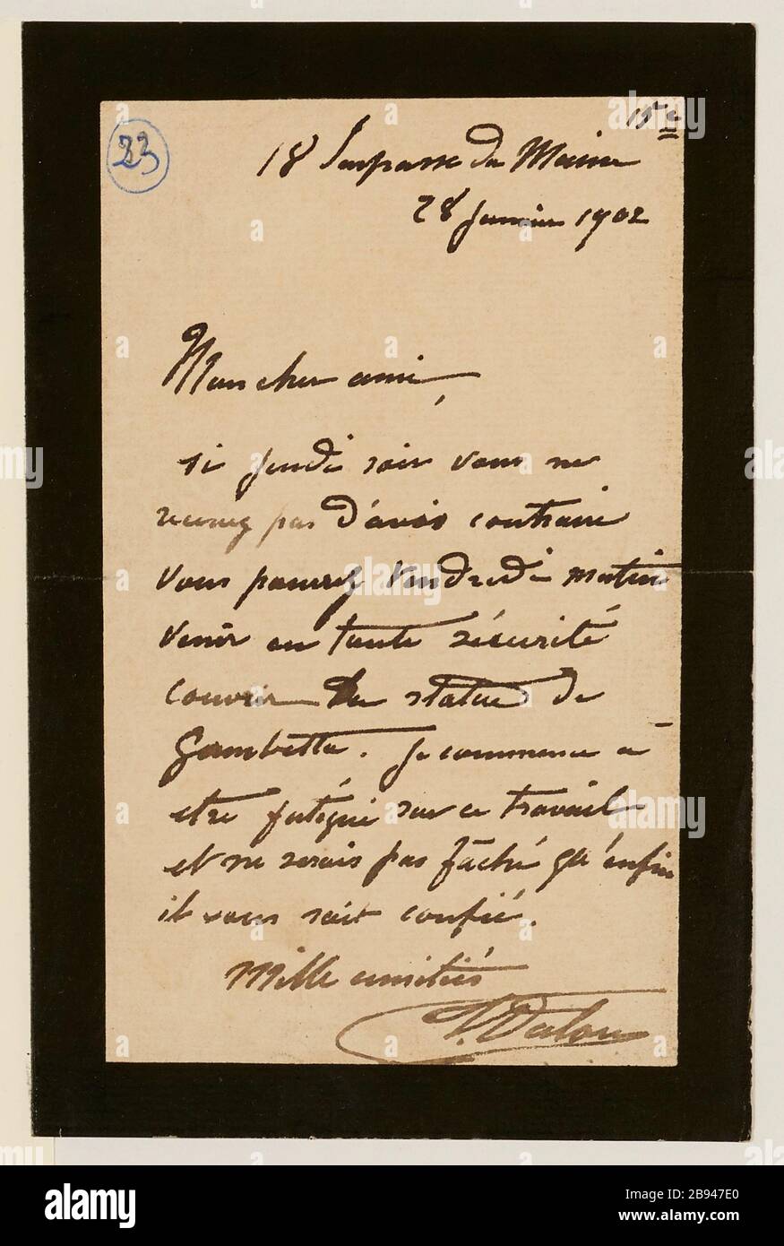 Autographiebrief des Bildhauers Aimé-Jules Dalou, sein älterer Amedee Bertault, 28. Januar 1902 (Dummy-Titel) Dalou, Aimé-Jules (1838-12-31 - 1902-04-15), Lettre autographe signée du sculpteur Aimé-Jules Dalou à son mouleur Amédée Bertault, 28 Januvier (1902-01-28). Encre sur Papier. Petit Palais, Musée des Beaux-Arts de la Ville de Paris. Stockfoto