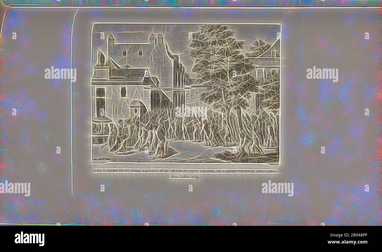 Die französischen Garde, die am 12. Juli 1789 den Oberst du Chatelet vor der Volksregt rettete, die Aufständischen und die Gardes françaises in der Rue de la Chaussée-d'Antin in Paris am 12. Juli 1789, unterschrieben: Prieur Inv. Et del, Berthault sculp, Abb. 16, Nr. 6, nach S. 24 (sixième tableau), Prieur, Jean-Louis (Inv. Et del.), Berthault, Pierre-Gabriel (sc.), Collection complète des tableaux historiques de la Révolution française en trois Bände [...]. Bd. 1. A Paris: chez Auber, Editeur, et seul Propriétaire: De l'Imprimerie de Pierre Didot l'aîné, an XI de la République Francçaise M. DCCCI Stockfoto