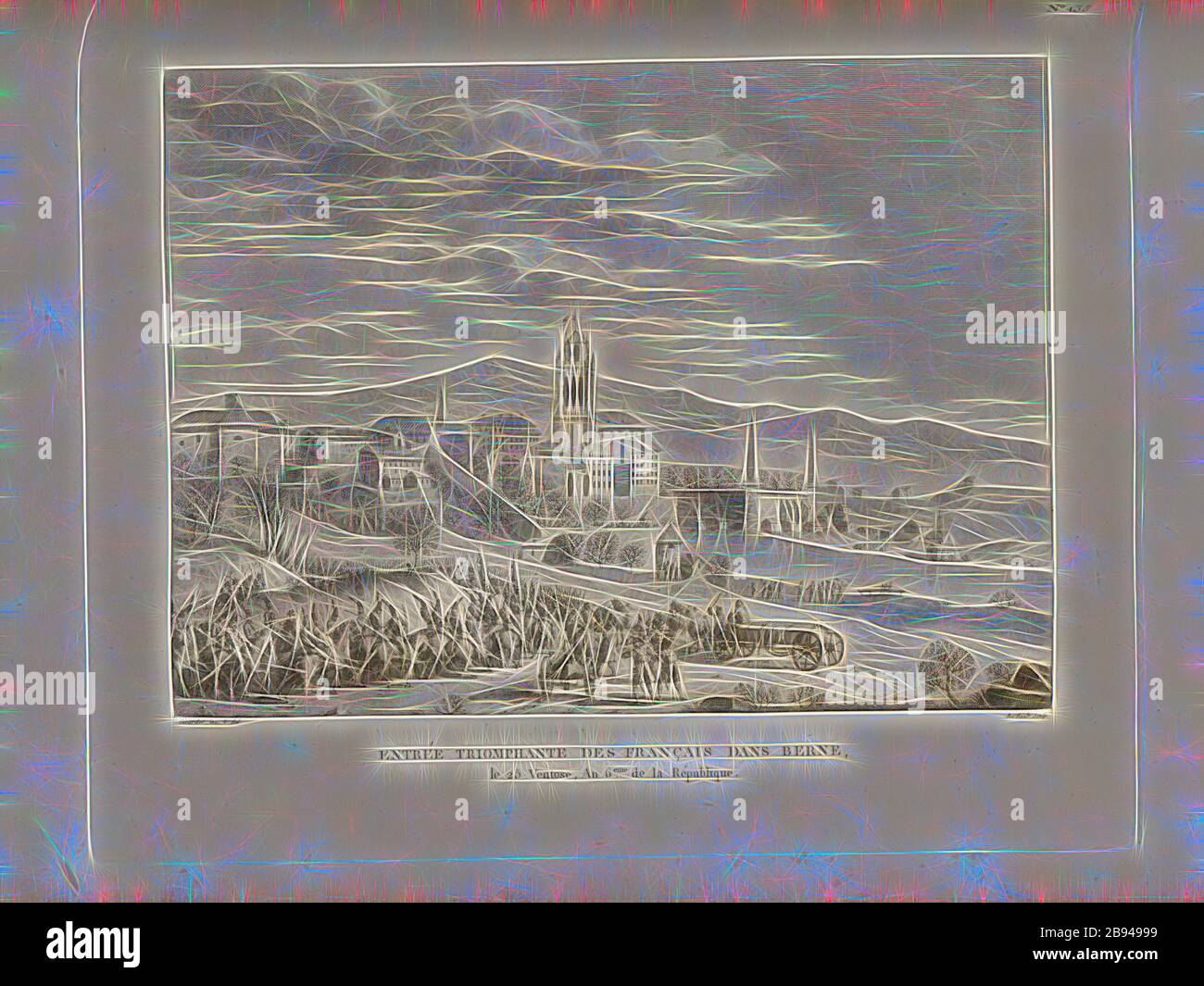 Triumphale Einfahrt der Franzosen nach Bern, 25 Ventose, 6. Jahr der Republik, Einmarsch der französischen Truppen unter General Alexis Balthasar Henri Antoine von Schauenburg 1798 in Bern, signiert: Girardet Inv. Et del, Berthault sculp, Abb. 66, Nr. 133, nach S. 536 (Cent-trente-troisième tableau), Girardet, Abraham (Inv. Et del.), Berthault, Pierre-Gabriel (sc.), Collection complète des tableaux historiques de la Révolution française en trois Bände [...]. Bd. 2. A Paris: chez Auber, Editeur, et seul Propriétaire: De l'Imprimerie de Pierre Didot l'aîné, an XI de la République Francçaise M. DCCCII., Reim Stockfoto