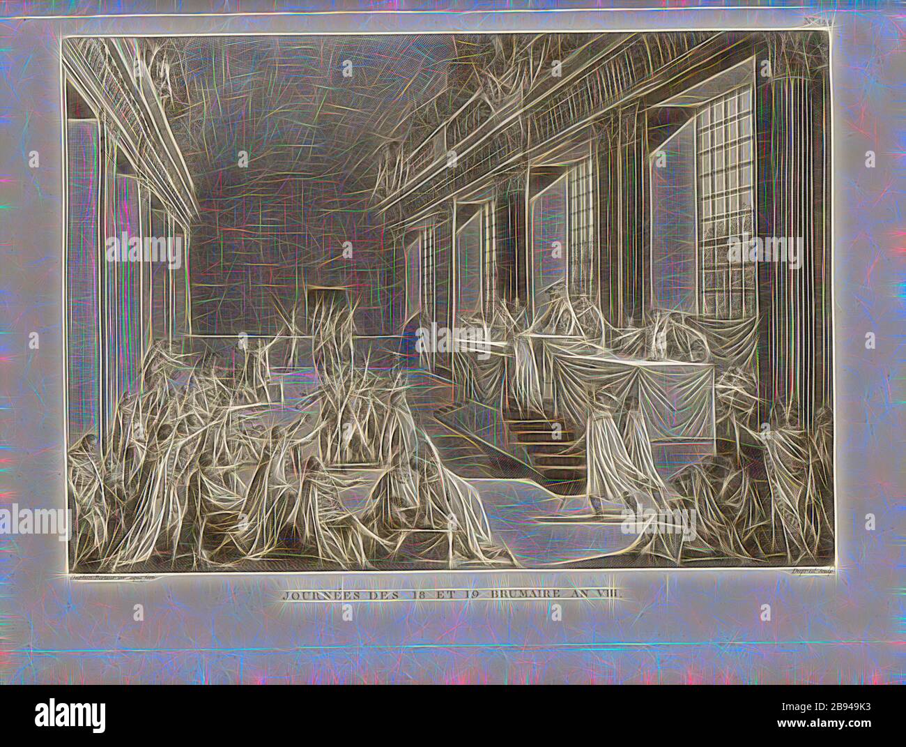 Tage von 18 und 19 Brumaire Jahr VIII., Napoleon Bonaparte in Saint-Cloud in der Staatsstreich des 18. Brumaire VIII im November 1799, unterzeichnet: Duplessi-Bertaux Inv. Aqua forti, Dupréel sculp, Feige. 77, Nr. 144, nach S. 424 (Cent-Quarante-quatrième tableau), Duplessi-Bertaux, Jean (Inv. aqua forti), Dupréel, Jean-Baptiste-Michel (sc.), Collection complète des tableaux historiques de la Révolution française en trois Bände [...]. Bd. 2. A Paris: chez Auber, Editeur, et seul Propriétaire: De l'Imprimerie de Pierre Didot l'aîné, an XI de la République Francçaise M. DCCCII., neu gestaltet von Gibon, Stockfoto