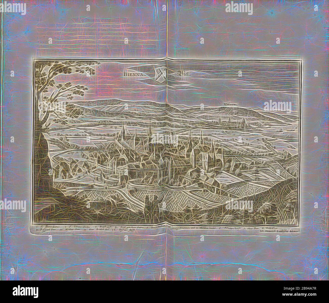 Bienna - Biel, Biel im Kanton Bern, signiert: IOH., Heinrich Laubscher Delinea, Abb. 62, S. 66, Laubscher, Hans Heinrich (del.), Matthäus Merian der Ältere: Topographia Helvetiae, Rhaetiae, et Valesiae: das ist, Beschreibung und eygente Abbildung der wichtigsten Plätze und Plätze in der hochlöblichen Eydgnossschaf, Graubünden, Wallis, und etlicher Ordhen. Franckfurt am Mayn: Zum Truck legt von den Merianischen Erben, im Jahr M DC LIV. [1654], neu gestaltet von Gibon, Design von warmen fröhlich glühen von Helligkeit und Lichtstrahlen Ausstrahlung. Klassische Kunst neu erfunden mit einem m Stockfoto