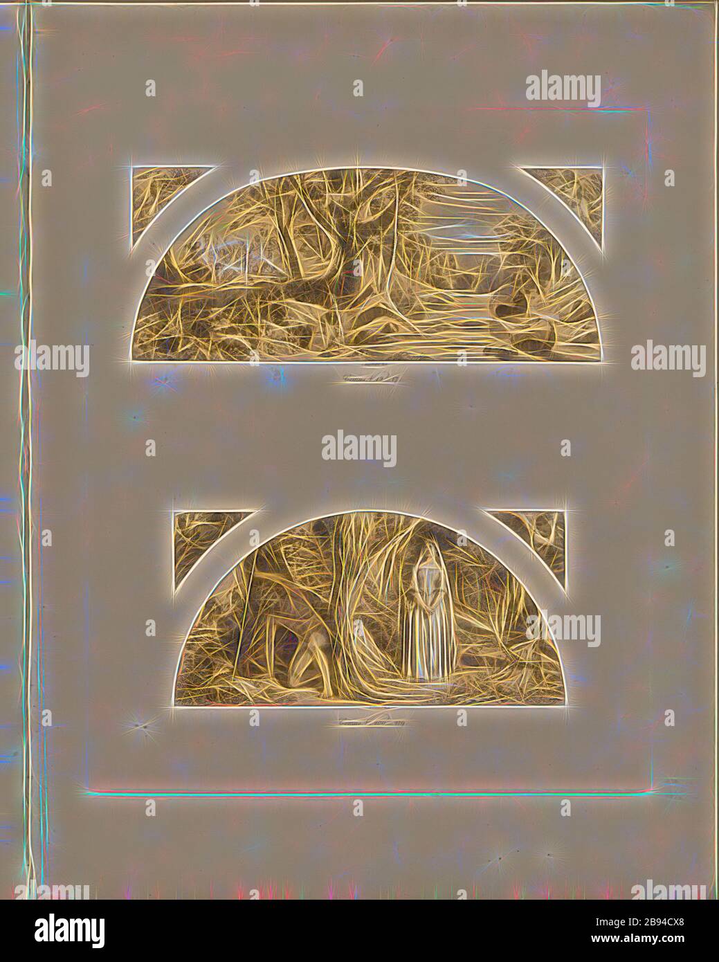 Comus, V. 12-17, Comus, 200-219, Wandbilder mit Szenen aus dem Gedicht "die Frau des Comus" von John Milton (Pavillon, Buckingham Palace Gardens), signiert: C. Stanfield, RA, T. Uwins, RA, TAF. 11, S. 11, Stanfield, Clarkson, Uwins, Thomas, Ludwig Gruner, Anna Jameson: Die Dekorationen des Gartenpavillons auf dem Gelände des Buckingham Palace. London: Publ. Von John Murray, Longman & Co., P. & D. Colnaghi, F. G. Moon, und L. Gruner, MDCCCXLVI., neu gestaltet von Gibon, Design von warmen fröhlich glühen von Helligkeit und Lichtstrahlen Ausstrahlung. Klassische Kunst neu erfunden mit einem modernen Twist. Fotografie inspiriert von Fut Stockfoto