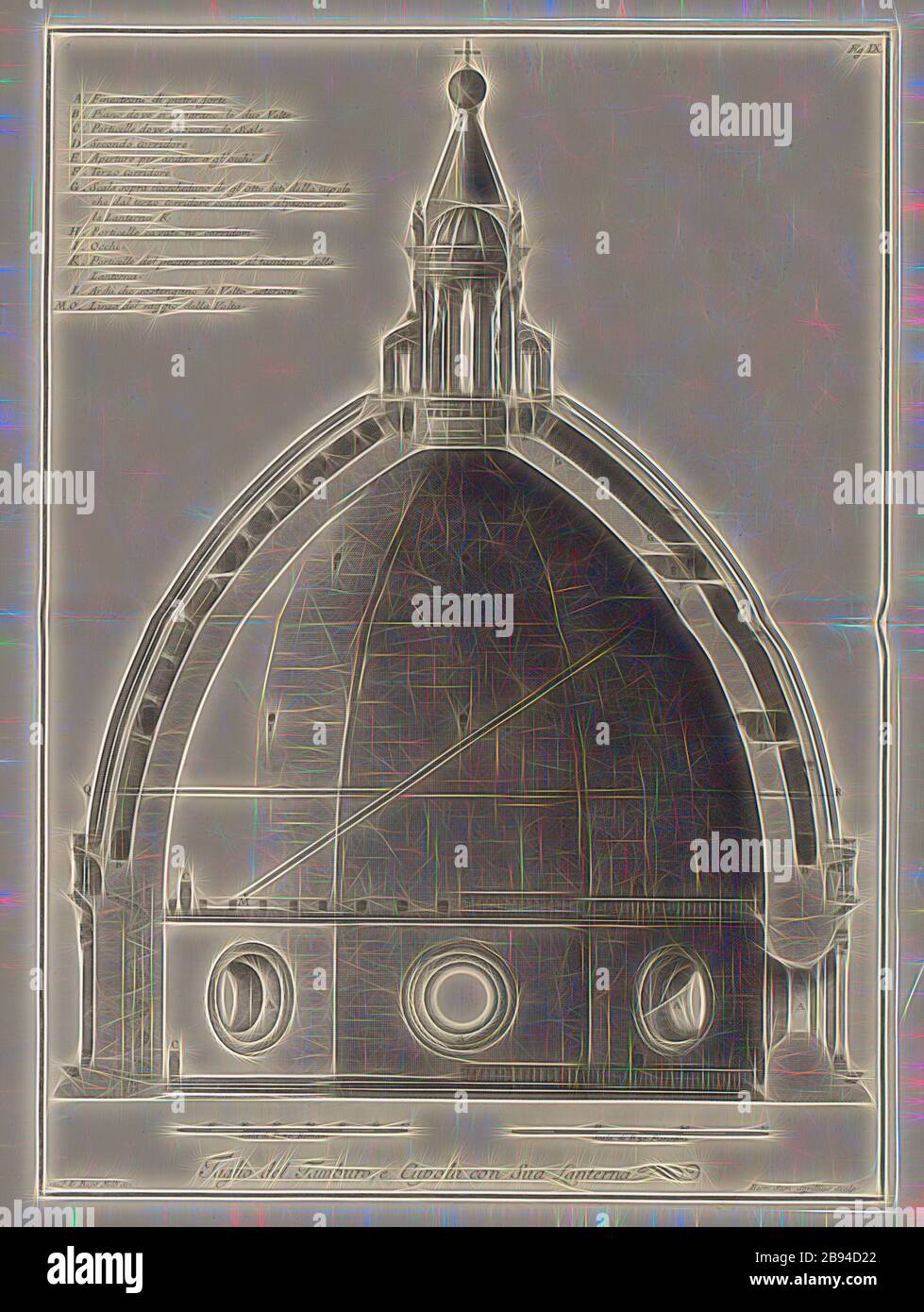 Querschnitt der Kuppel der Kathedrale von Florenz, Kupferplatte Platte 9: Taglio del Tamburo, e Cupola con sua Lanterna, Bernard, San. Sgrillius sculp, Längsschnitt durch Tambour, Kuppel und Laterne, Filippo Brunelleschi, St. Maria, Sgrilli, Bernardo Sansone, 1733, Bernardo Sansone Sgrilli, Girolamo Ticciati, Giovanni Domenico Campiglia, Giovanni Battista Nelli, Vincenzo Franceschini: Descrizione e studj dell'insigne fabbrica di metropolitana S. Maria del fiorfiona. In Firenze: Per Bernardo Paperini, [1733], neu gestaltet von Gibon, Design von warmen fröhlich glühen der Helligkeit Stockfoto