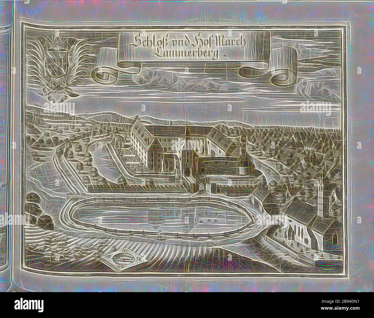 Schloss und Hof-March Cammerberg, Schloss Kammerberg in Fahrenzhausen in Bayern (Deutschland), Abb. 62, S. 36, Wening, Michael (del. Et sc.), 1701, Michael Wening: Historico-topographica descriptio. Das ist: Beschreibung, dess Churfürsten- und Hertzogthumbs Ober- und Nidern Bayrn, welches in vier Theil oder rennt-Aembter, als Oberlands München und Burgkhausen, Underlands aber in Landshuet unnd Straubing abgeteilt ist [...]. Thailänder 1. München: bey Johann Lucas Straub, gem.: Lobl. Landtschafft Buchtruckern, anno M.DCCI. [1701], neu gestaltet von Gibon, Design von warmen fröhlich glühen von Helligkeit und Lig Stockfoto