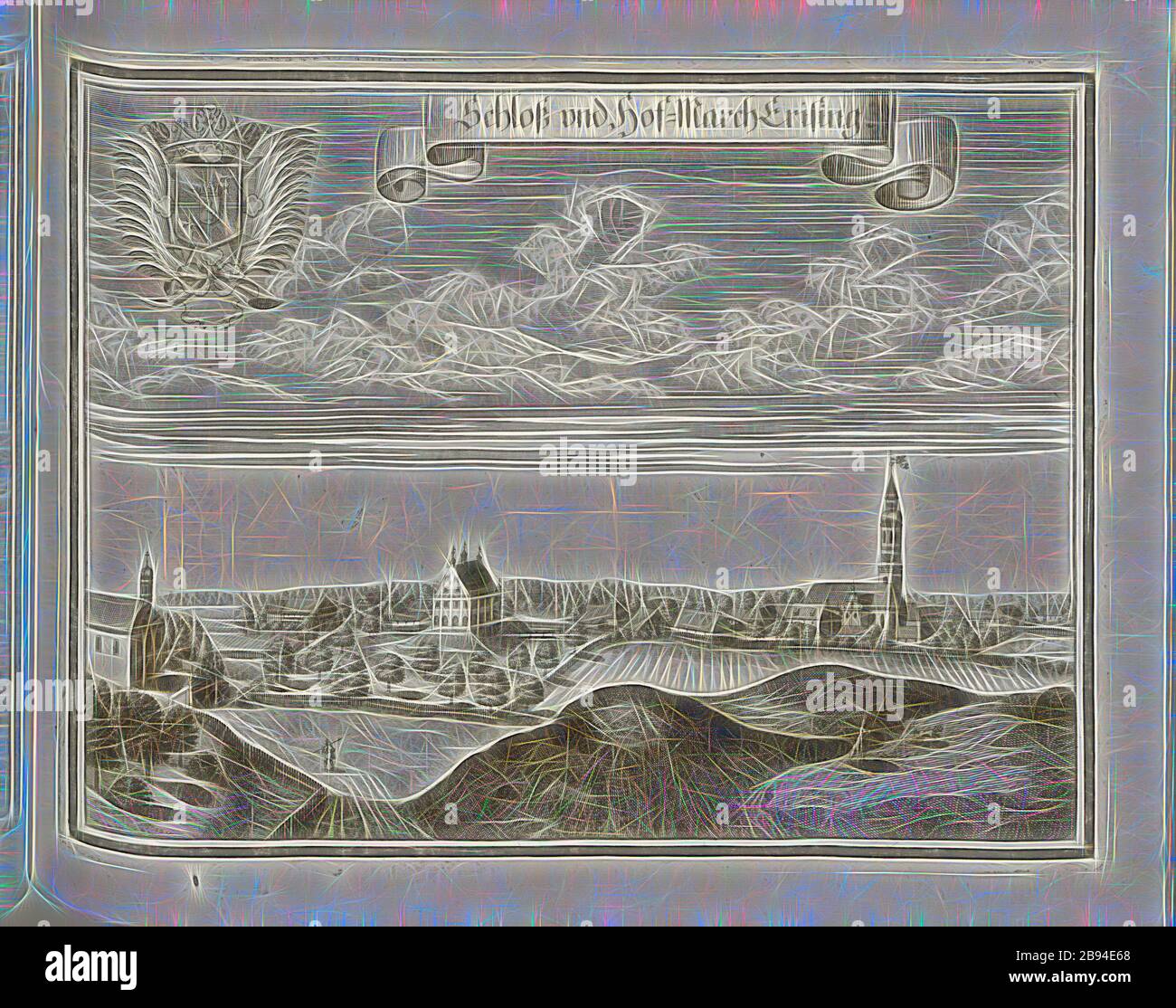 Schloss und Hof März Ering, Schloss und Hofmark Eresing in Bayern (Deutschland), Abb. 127, S. 68, Wening, Michael (del. Et sc.), 1701, Michael Wening: Historico-topographica descriptio. Das ist: Beschreibung, dess Churfürsten- und Hertzogthumbs Ober- und Nidern Bayrn, welches in vier Theil oder rennt-Aembter, als Oberlands München und Burgkhausen, Underlands aber in Landshuet unnd Straubing abgeteilt ist [...]. Thailänder 1. München: bey Johann Lucas Straub, gem.: Lobl. Landtschafft Buchtruckern, anno M.DCCI. [1701], neu gestaltet von Gibon, Design von warmen fröhlich glühen von Helligkeit und Licht Stockfoto