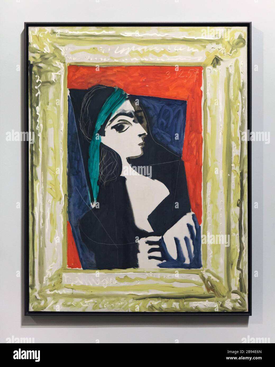 Das Gemälde "Jacqueline" von Pablo Picasso, das am 3. Dezember 1957 in Cannes (Frankreich) gemalt wurde, wurde im Museum du Picasso (Picasso-Museum) in Barcelona, Katalonien, Spanien ausgestellt. Jacqueline Roque, später bekannt als Jacqueline Picasso, war die Muse und zweite Frau von Pablo Picasso. Sie heirateten am 2. März 1961. Stockfoto