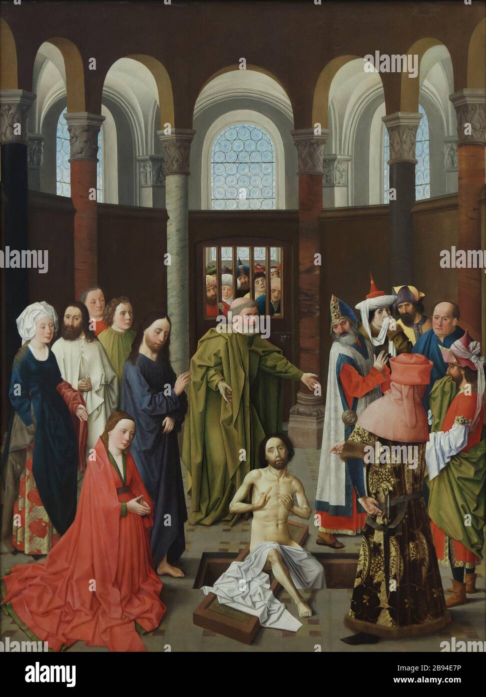 Gemälde "Aufziehen des Lazarus" des frühniederländischen Renaissance-Malers Albert van Ouwater (1450-1460) in der Berliner Gemäldegalerie in Berlin. Stockfoto