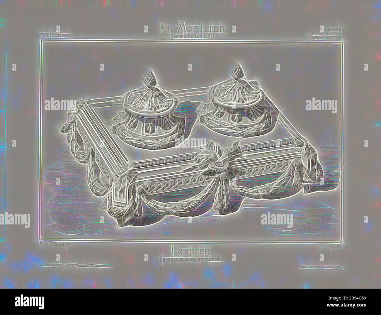 Tintenfass in vergoldeter und gemeißelter Bronze, Inkwell aus dem 18. Jahrhundert (Louis XVI Stil), Datierung Estimate, signiert: Rod., Pfnor del, P. Lamy, Ch. Juliot Editeur, Imp. Ch. Et A. Chardon, Pl. 38, nach S. 8, Pfnor, Rodolphe (del.), Lamy, P. (sc.), Juliot, Ch. (Ed.), Chardon, Ch. Et A. (imp.), Rodolphe Pfnor: Le mobilier de la couronne et des grandes collections publiques et particulières du XIIIe siècle au XIXe siècle: mobilier civil. Mobilier religieux. Meubles, Zahnersatz, Tapisserien, Bronzen und Objekte der Kunst, die die Erhabenheit der Exécution zum Vorprogramm machen. Paris: Ch. Juliot, Editeur: Waage Stockfoto