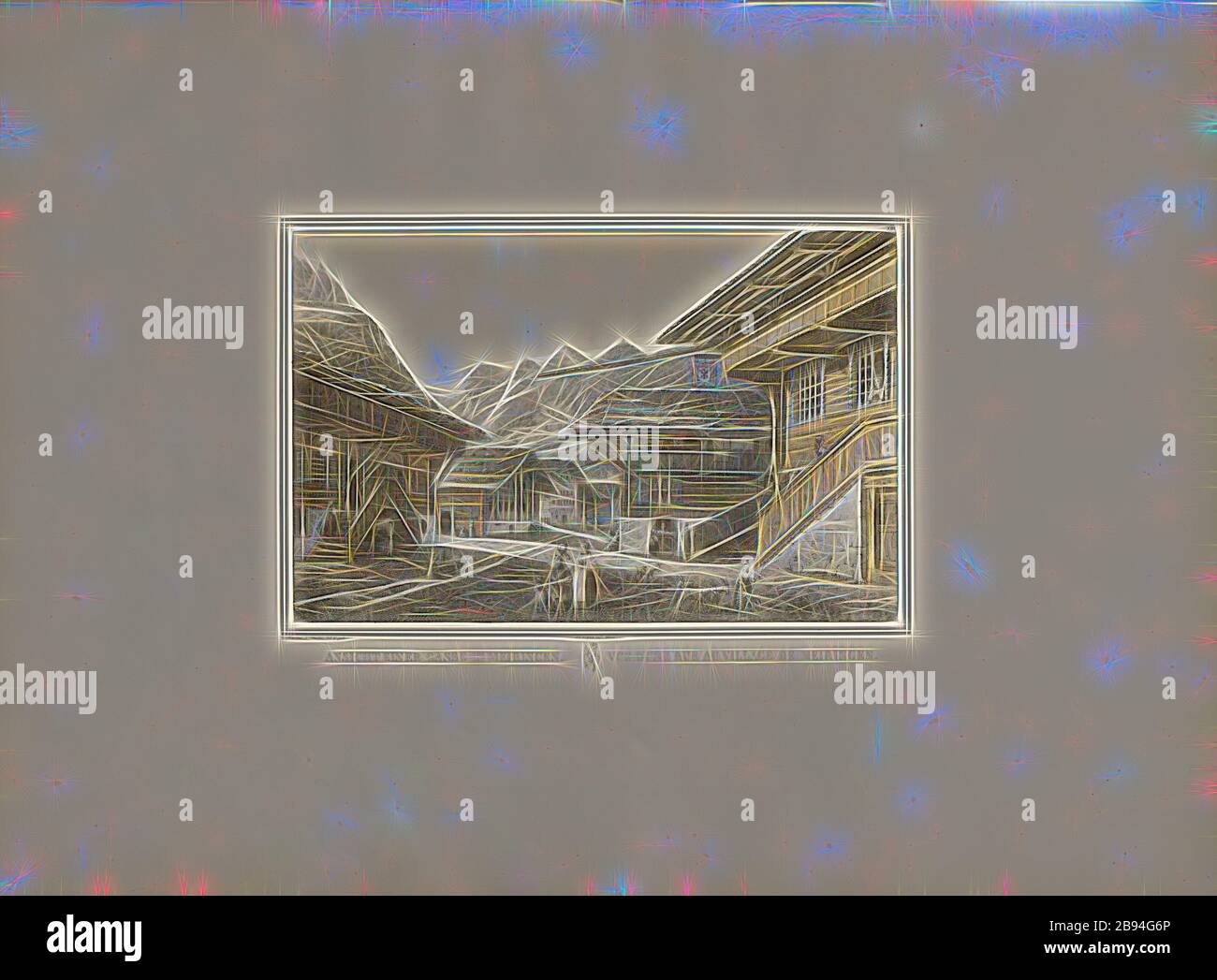 Ansicht einer Gasse in Meiringen, Paralleltitel: Vue d'une Rue au Village de Meiringen, Illustration einer Alltagsszene in einer Gasse in Meiringen aus dem 19. Jahrhundert, signiert: Graffenried & Stürler del. & Pub, J.F., Wagner inct., Bern, Plate XIII, to S, 20, Graffenried, Karl Adolf von (del. Et publ.), Stürler, Gabriel Ludwig Rudolf (del. Et publ.), Wagner, J. F. (lith.), Karl Adolf von Graffenried, Gabriel Ludwig Rudolf Stürler: Architecture suisse ou choix de maisons rustiques des alpes du Canton de Bern: Schweizerische Architektur oder Auswahl hölzerner Gebäude aus dem Berner Oberland. Ber Stockfoto