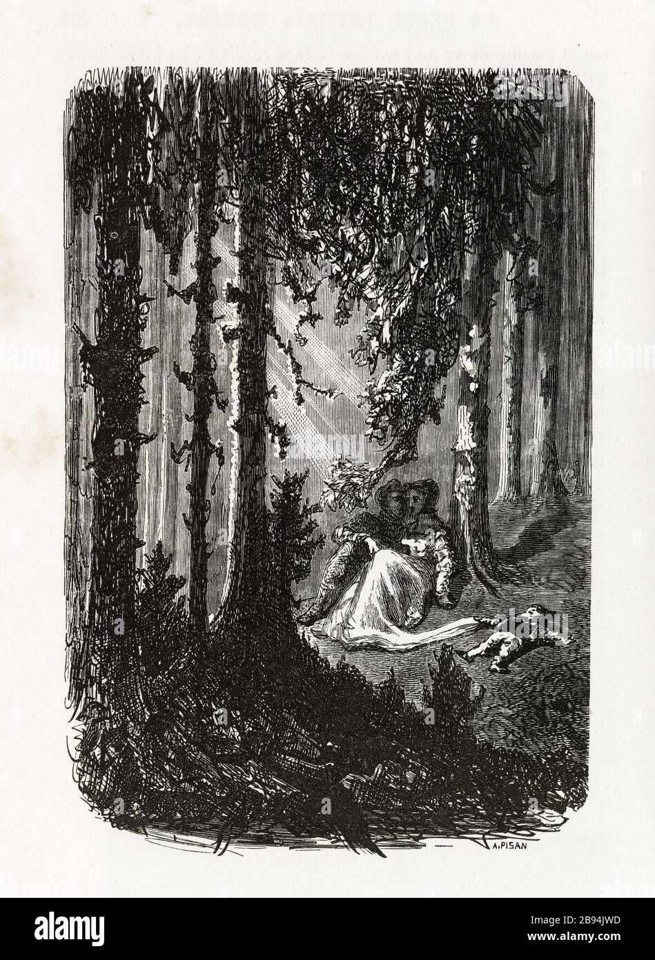 Die Liebe im Wald. Illustration für Honoré de Balzac, The Tales comical, Paris: General Society Library, 1855 (Bewertung: R8 Grad cc1405) Gustave Doré (1832-1883), dessinateur et Héliodore Pisan (1822-1890), Graveur. "L'amour dans les bois." Illustration für Honoré de Balzac, "Les Contes drolatiques", Paris: Société générale de Librairie, 1855". Paris, Maison de Balzac. Stockfoto