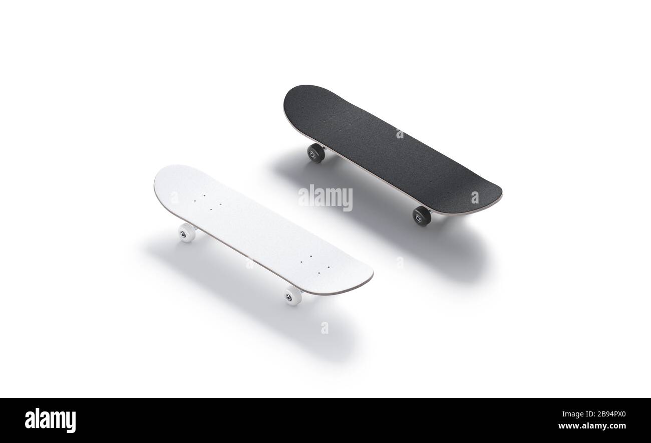 Blank schwarz und weiß Holz Skateboard Mockup Set, Seitenansicht Stockfoto