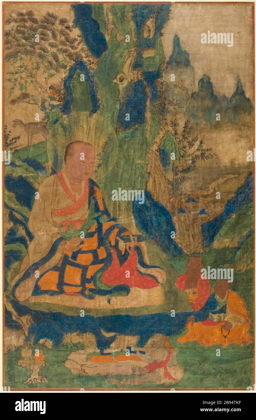 "Der Arhat Abheda (Bild 1 von 2); Englisch: östliche Tibet, Kham Region, ein trungpa Kloster in Surmang (?), ca. Anfang des 17. Jahrhunderts Gemälde mineralischen Pigmenten und Gold auf Seide Anblick: 31 x 21 in. (22.25 x 53.34 cm); eingerahmt: 3 8 x 27 1/4 in. x 3/4 in. (96.52 x 69.22 x 1.91 cm) Gabe des James und Paula Coburn Foundation (M. 2005.154.1) süd- und südostasiatischen Kunst; Anfang des 17. Jahrhunderts Datum QS: P 571, +1650-00-00 T00:00:00Z/7, P 4241, Q 40719727;". Stockfoto