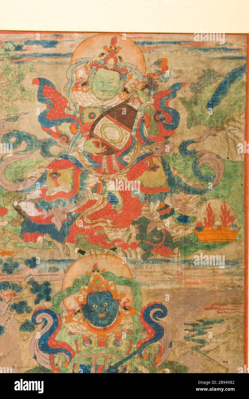 "Der Guardian Generäle der Richtungen (Lokapalas) Dhritarashtra (Osten) [top] und Virudhaka (Süd) [Bottom] (Bild 2 von 3); Englisch: östliche Tibet, Kham Region, ein trungpa Kloster in Surmang (?), ca. Anfang des 17. Jahrhunderts Gemälde mineralischen Pigmenten und Gold auf Seide Anblick: 31 x 21 in. (22.25 x 53.34 cm); gerahmt: 38 x 27 1/4 in. x 3/4 in. (96.52 x 69.22 x 1.91 cm) Gabe des James und Paula Coburn Foundation (M. 2005.154.6) süd- und südostasiatischen Kunst; Anfang des 17. Jahrhunderts Datum QS: P 571, +1650-00-00 T00:00:00Z/7, P 4241, Q 40719727;". Stockfoto