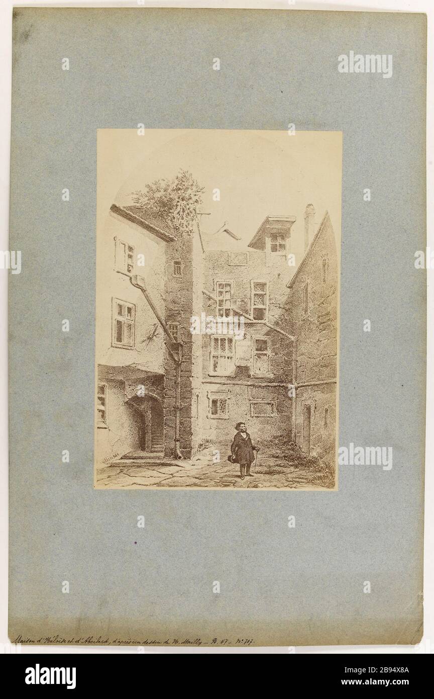 Haus von Heloise und Abelard, nach einer Zeichnung von N. Mailly. Reproduktion einer Zeichnung von N. Mailly, die das Haus von Abelard und Heloise darstellt. Reproduktion d'un dessin de N. Mailly representant la maison d'Héloïse et Abélard. Photographie de Pierre Emonts ou Emonds (1831-1912). Papieralbuminé, 1865-1905. Paris, musée Carnavalet. Stockfoto