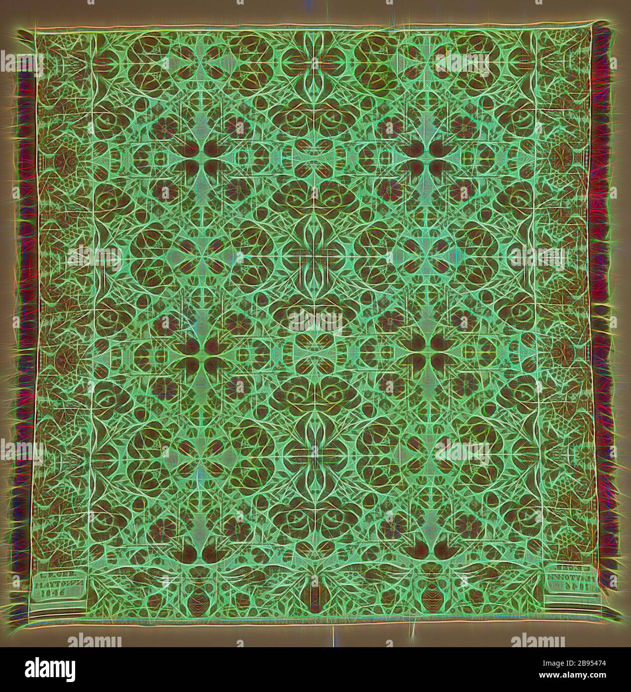 Bettbezug (Jacquard Coverlet), John Reuben Gebhart (amerikanisch, 1805-1878), 1846, Wolle, 88 x 83-1/2 Zoll. (Ohne Rand) 88 x 89 Zoll (Mit Rand), gewebte, untere Ecken (eine im Revers): J. [im Revers] R. GEB./ MAYTOWN, 1846, Textil and Fashion Arts, von Gibon neu vorgestellt, Design von warmfröhlichem Leuchten von Helligkeit und Lichtstrahlen. Klassische Kunst mit moderner Note neu erfunden. Fotografie, inspiriert vom Futurismus, die dynamische Energie moderner Technologie, Bewegung, Geschwindigkeit und Kultur revolutionieren. Stockfoto