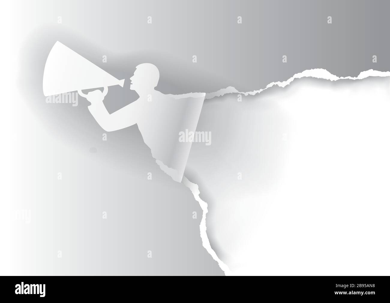 Mann mit Megafon zerrippt weißes Papier. Vorlage für Ankündigung, Hintergrund weiß gerissenen Papiers . Platz für Ihren Text oder Ihr Bild. Vektor verfügbar. Stock Vektor