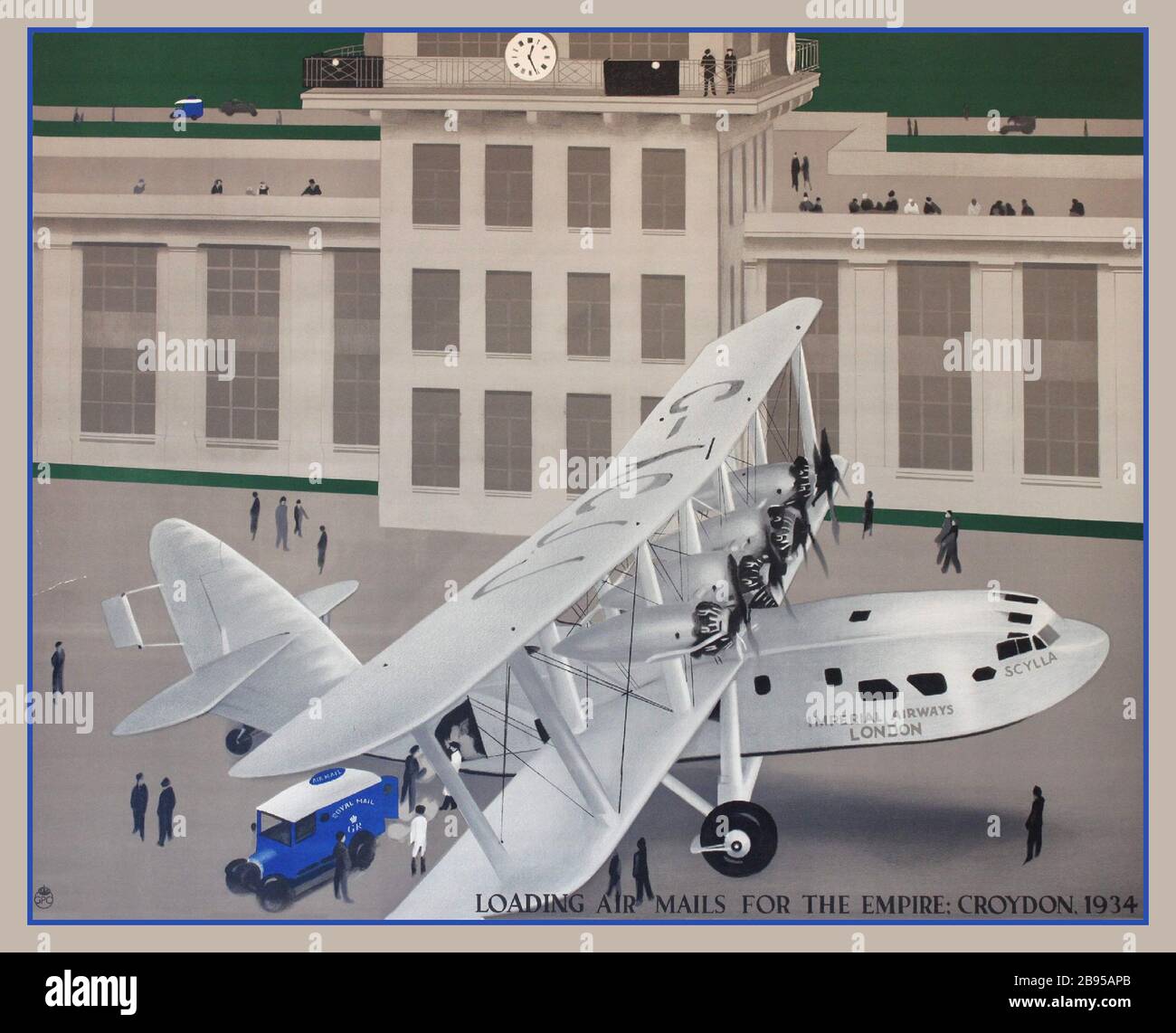 Vintage GPO Airmail Airplane Poster Croydon Airfield UK Loading Air Mails for the Empire: Croydon 1934, GPO Poster H S Williamson (Harold Sandys 1892-1978) Stockfoto