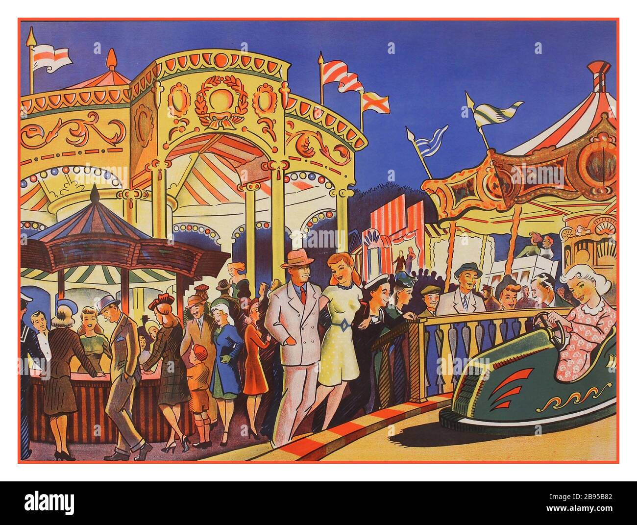 Vintage British Outdoor Entertainment "The Fun Fair", Illustrationsplakat gedruckt von Willsons Show Printers c1950 Stockfoto