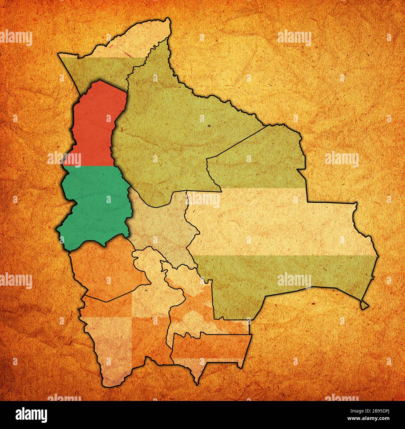 Gebiet und Flagge der Region La Paz auf der Karte mit Verwaltungseinteilungen und Grenzen Boliviens mit Beschneidungspfad Stockfoto