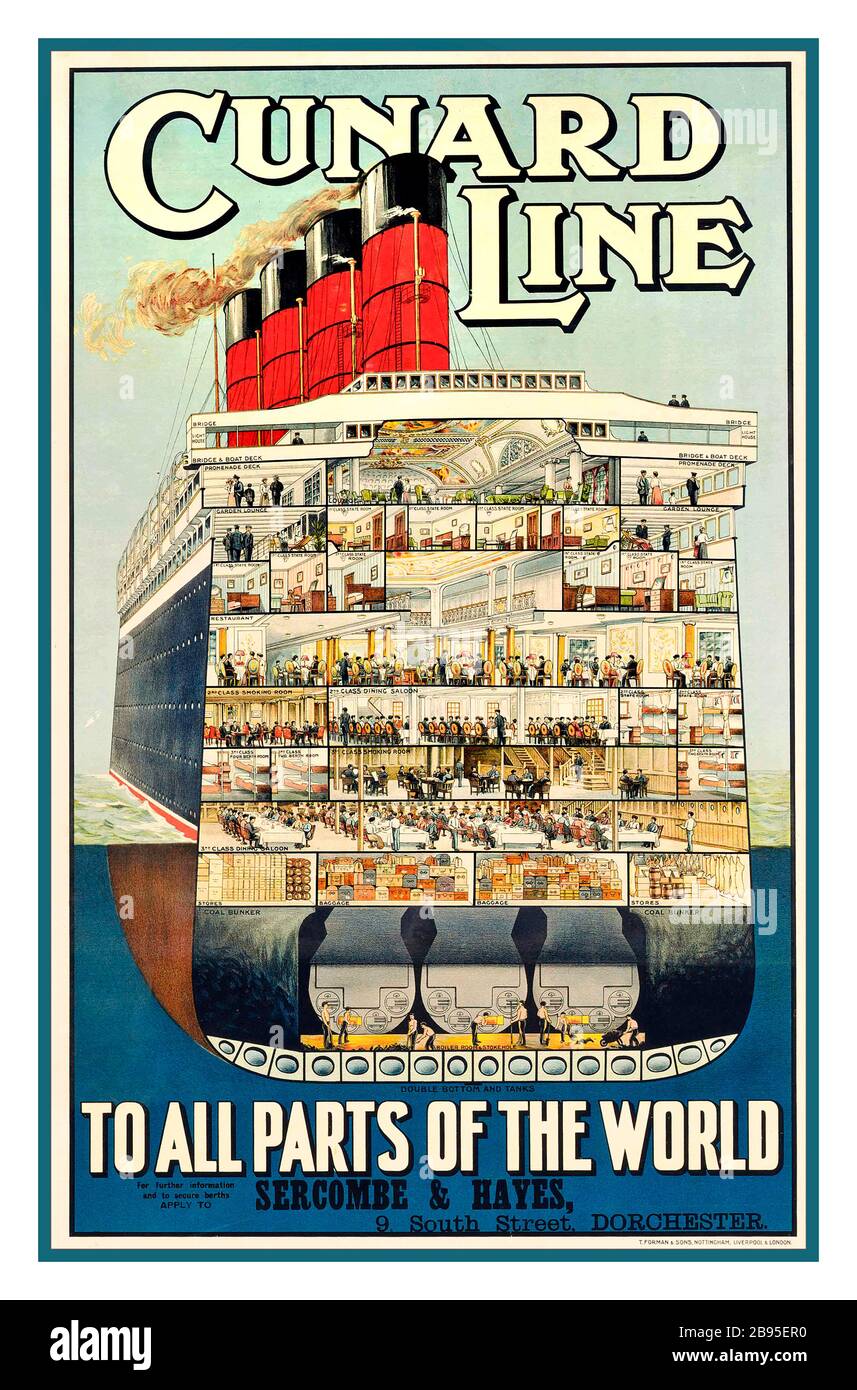 Vintage Cruise Ship Damper Poster CUNARD LINE ZU ALLEN TEILEN DER WELT, lithograph in Farben, c.-1, gedruckt von T. Forman & Sons, London, Stockfoto