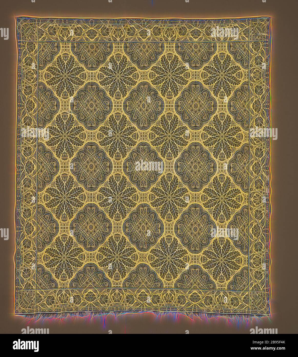 Bettbezug (Jacquard Coverlet), John LaTourette (Amerikaner, 1793-1849), ca. 1840, Baumwolle und Wolle, 84 x 75 Zoll. (Ohne Rand) 86 x 75 Zoll (Mit Rand), Textil und Fashion Arts, von Gibon neu vorgestellt, Design von warmem, fröhlichem Leuchten von Helligkeit und Lichtstrahlen. Klassische Kunst mit moderner Note neu erfunden. Fotografie, inspiriert vom Futurismus, die dynamische Energie moderner Technologie, Bewegung, Geschwindigkeit und Kultur revolutionieren. Stockfoto