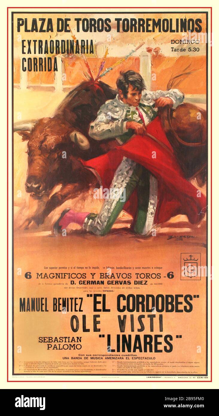 EL CORDOBES Bullfighting Poster Vintage 1970er Jahre spanisches Werbeplakat für eine Stierkampfveranstaltung auf der Plaza de Torros Torremolinos Andalusien Spanien. Poster zeigt einen Stier, der ein kniendes Cordobes umrundet. Gedruckt in Spanien von Talleres graficos Soler. El Cordobés, Name von Manuel Benítez Pérez, auch Manolo genannt, (* 4. Mai 1936), Palma del Río, Córdoba, Spanien), spanischer Stierkämpfer, der meistbezahlte Stierkämpfer der Geschichte. Die Kröpheit seiner Technik wurde durch seine außergewöhnlichen Reflexe, den Mut und die Anziehungskraft der Menge ausgeglichen. Stockfoto