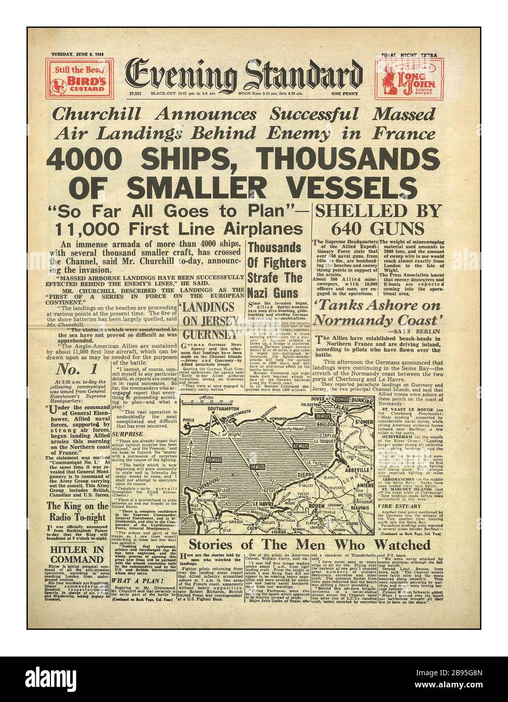 Archiv D-Day 6. Juni 1944 britische Zeitung Headlines Evening Standard UK '4000 Schiffe Tausende kleinere Schiffe' 'alles geht in Planung' 'Churchill kündigt erfolgreiche Massed Air Landungen hinter dem Feind in Frankreich an' Stockfoto
