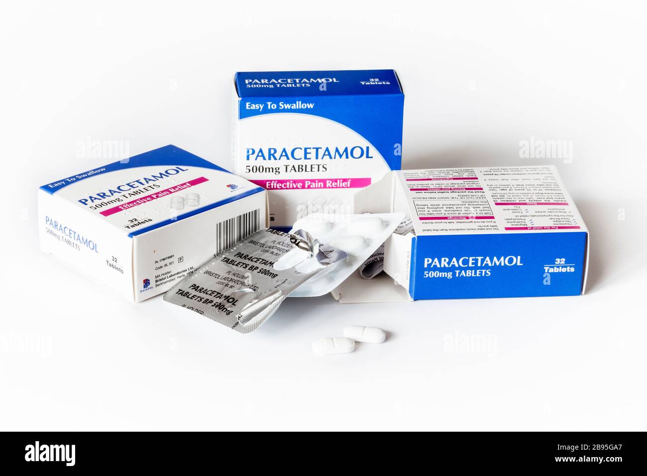 Schachteln mit Paracetamol-Tabletten und Blisterpackungen, zwei Tabletten entfernt, vor einem einfachen Hintergrund Stockfoto