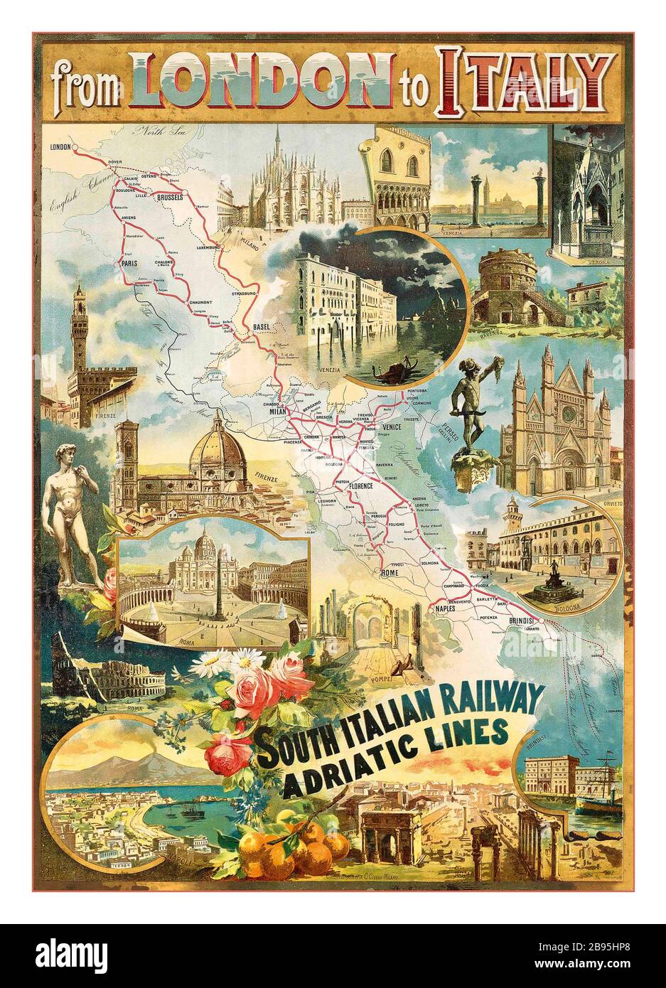 London nach Italien 1900 Eisenbahntransport-Vintage Travel Poster 1900s VON LONDON NACH ITALIEN mit süditalienischen Bahnadria-Linien, Farblithograph, gedruckt von G.Civelli, Mailand, Stockfoto