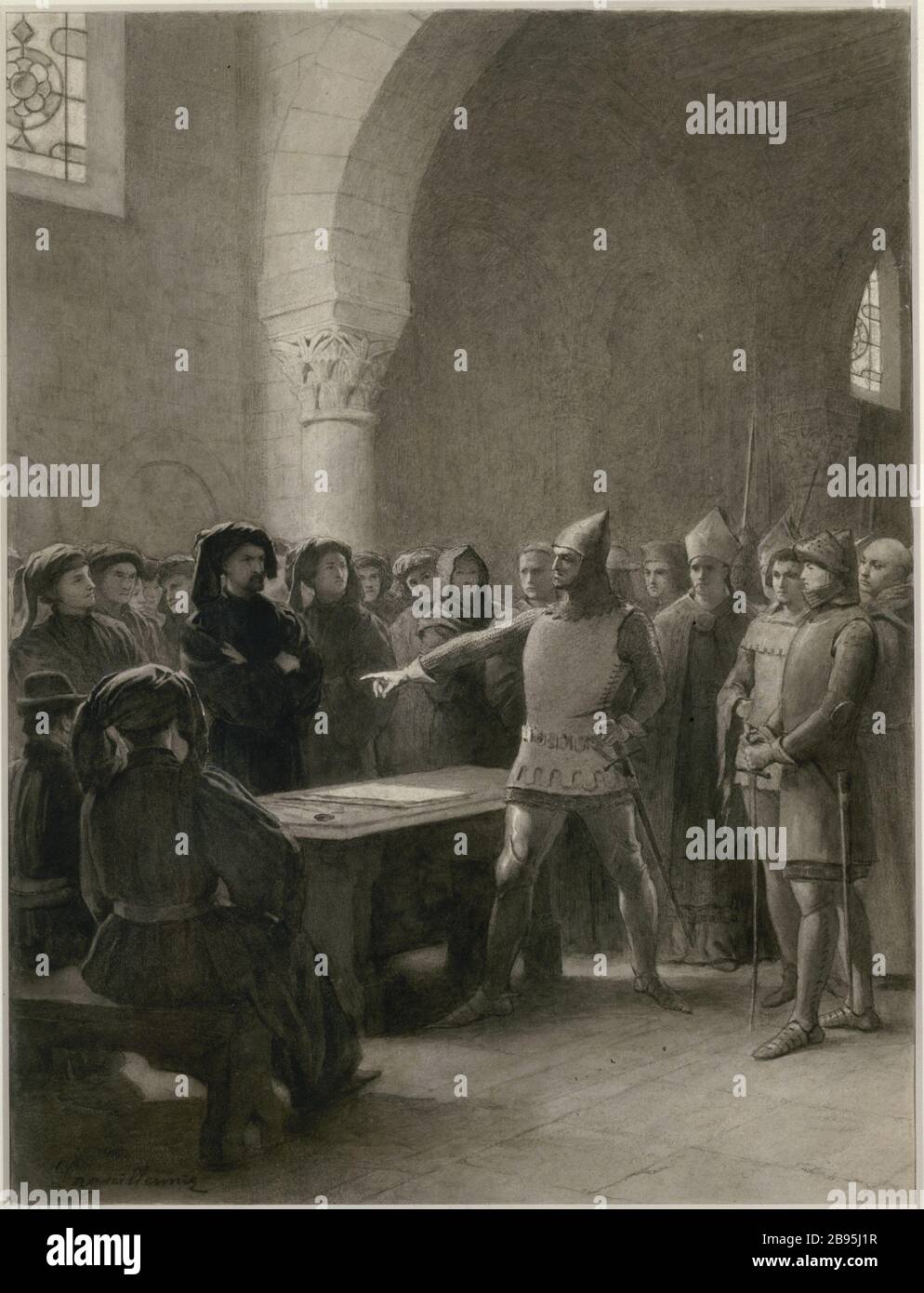 DIE PARISER BOURGEOISIE WEIGERT SICH, IN ANWESENHEIT DES ADELS UND KLERUS FRÉDÉRIC-AUGUSTE LA GUILLERNIE (1841-1934) ZU DISKUTIEREN. "Les Bourgeois de Paris refusant de délibérer en présence de la Noblesse et du clergé". Crayon noir avec lavis d'encre noire et rehauuts de blanc et de gouache'. Musée des Beaux-Arts de la Ville de Paris, Petit Palais. Stockfoto