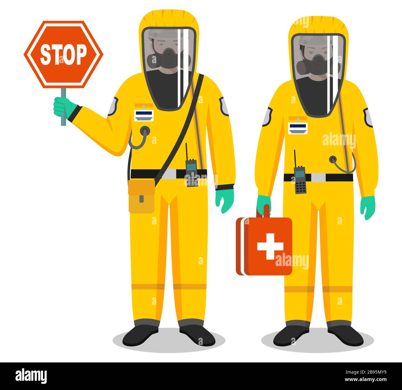 Medizinisches Konzept. Ärztepaar Mann und Frau stehen in Schutzanzügen und Masken zusammen. Virus, Infektion, Epidemie, Quarantäne. Gefährlich Stock Vektor